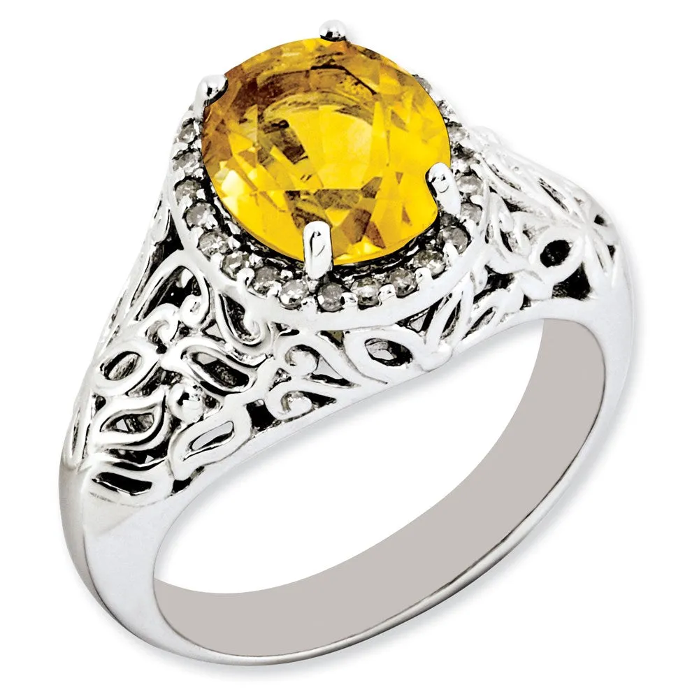 Rhodium-Plated Oval Citrine & Diamond Ring in Sterling Silver