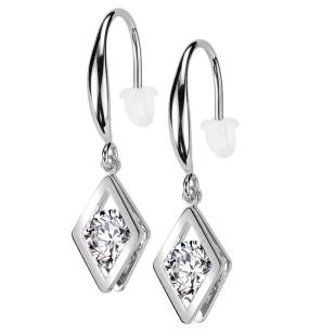 Rhombus Clear CZ Dangle Stainless Steel Earrings