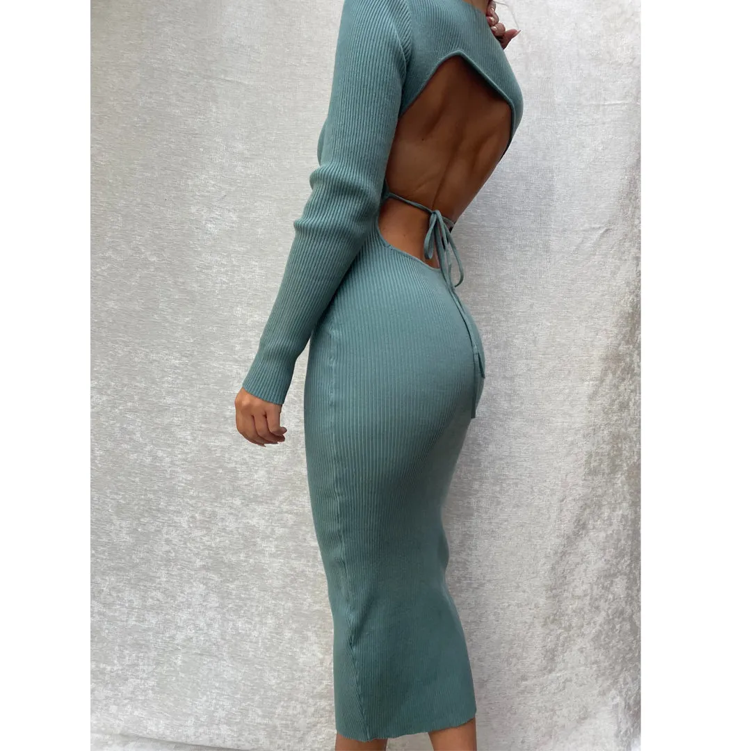 SEKHMET Teal Long Sleeve Bodycon Open Back Midi Dress