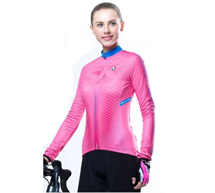 Solid Pink Women Long Sleeve Cycling Jersey Set