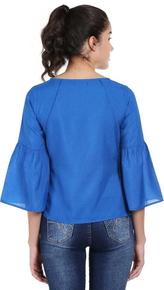 Style Quotient Women Blue Boat Neck Checkered Fashion Tops