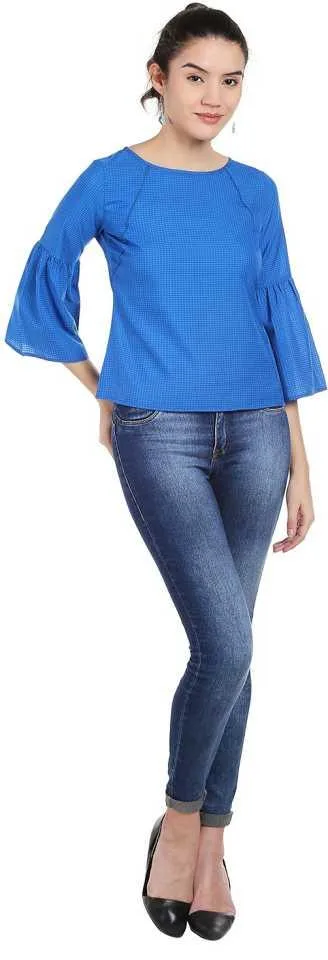 Style Quotient Women Blue Boat Neck Checkered Fashion Tops