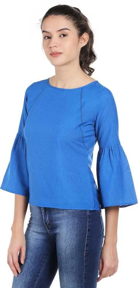 Style Quotient Women Blue Boat Neck Checkered Fashion Tops