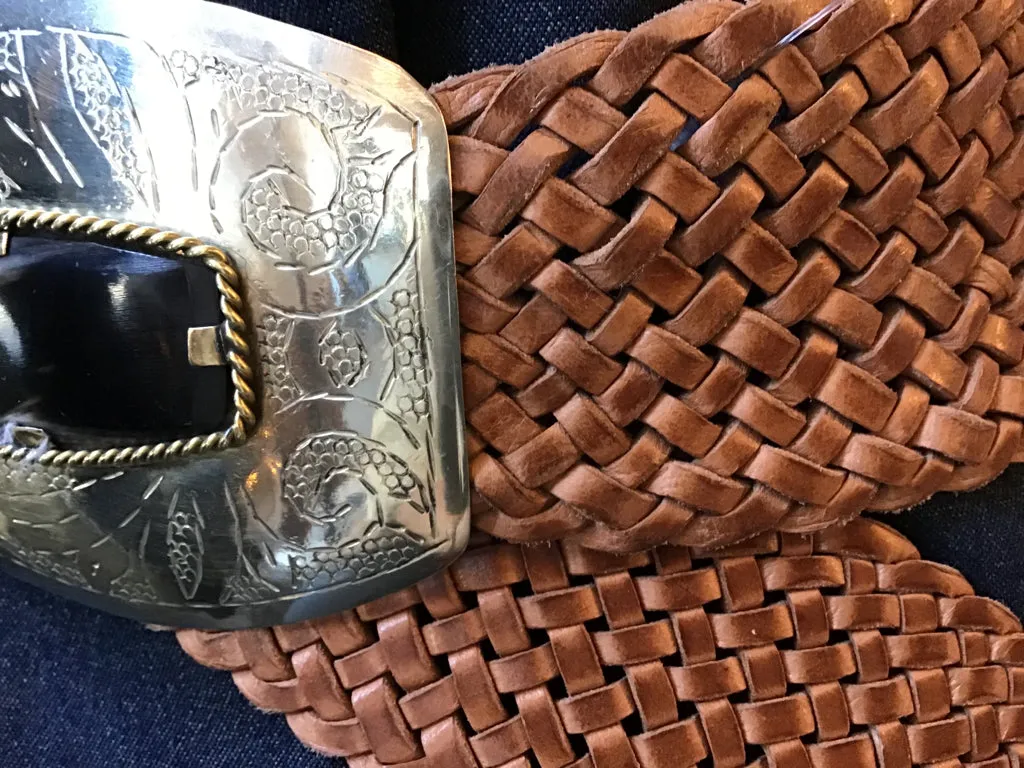 Tan Woven Rectangle Bone Buckle Belt