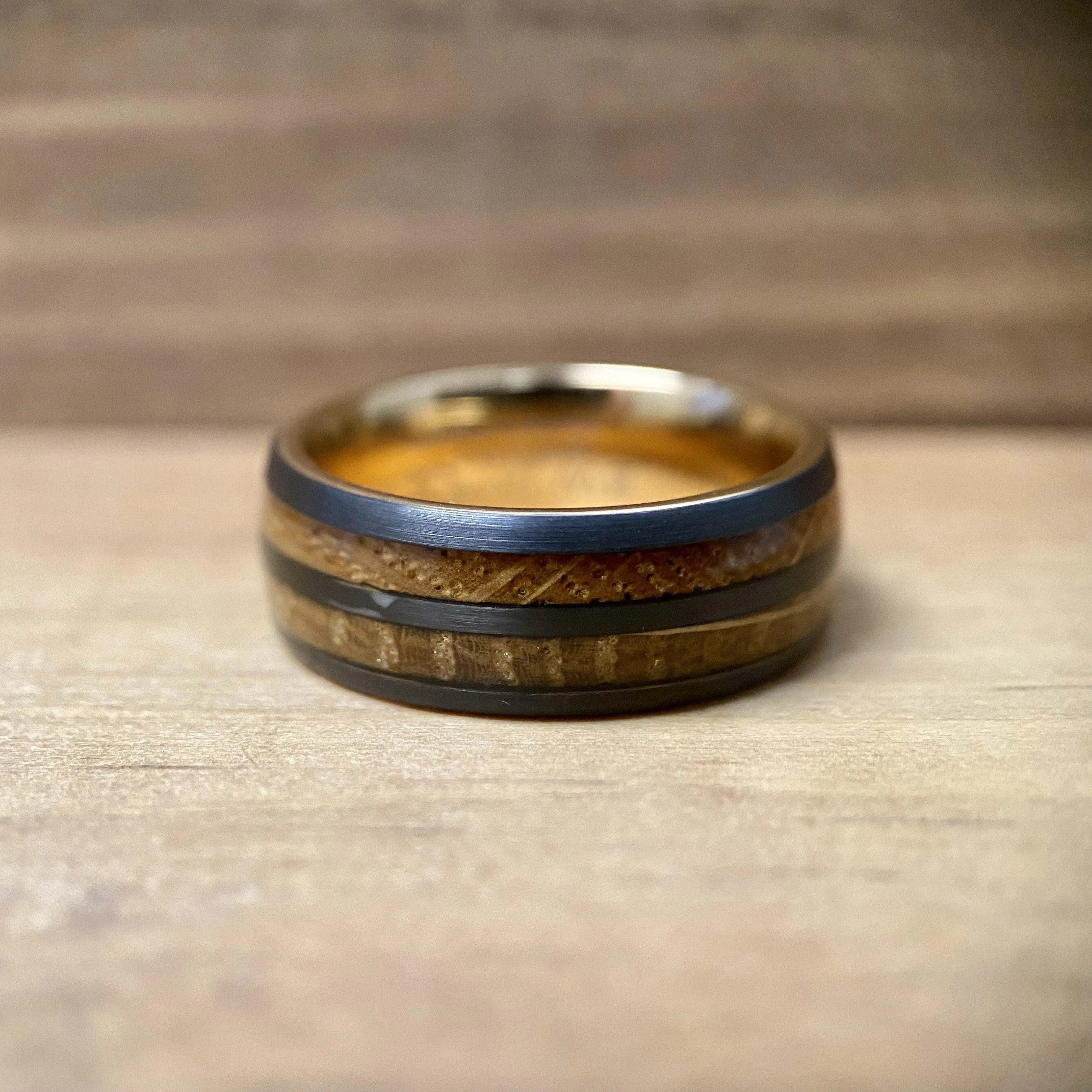 “The Whiskey” Tungsten Ring With Reclaimed Bourbon Whiskey Barrel Wood And Rose Gold Color