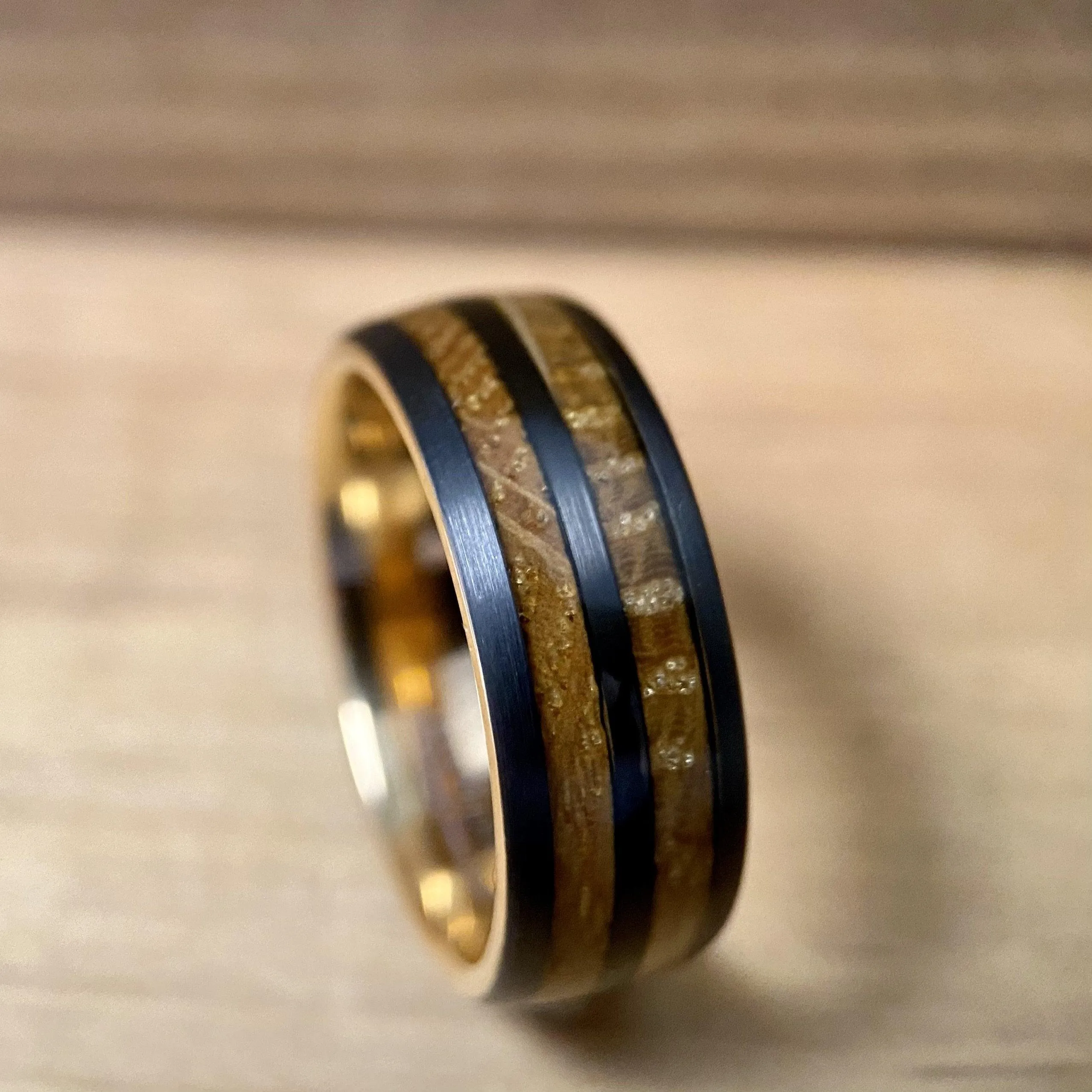 “The Whiskey” Tungsten Ring With Reclaimed Bourbon Whiskey Barrel Wood And Rose Gold Color