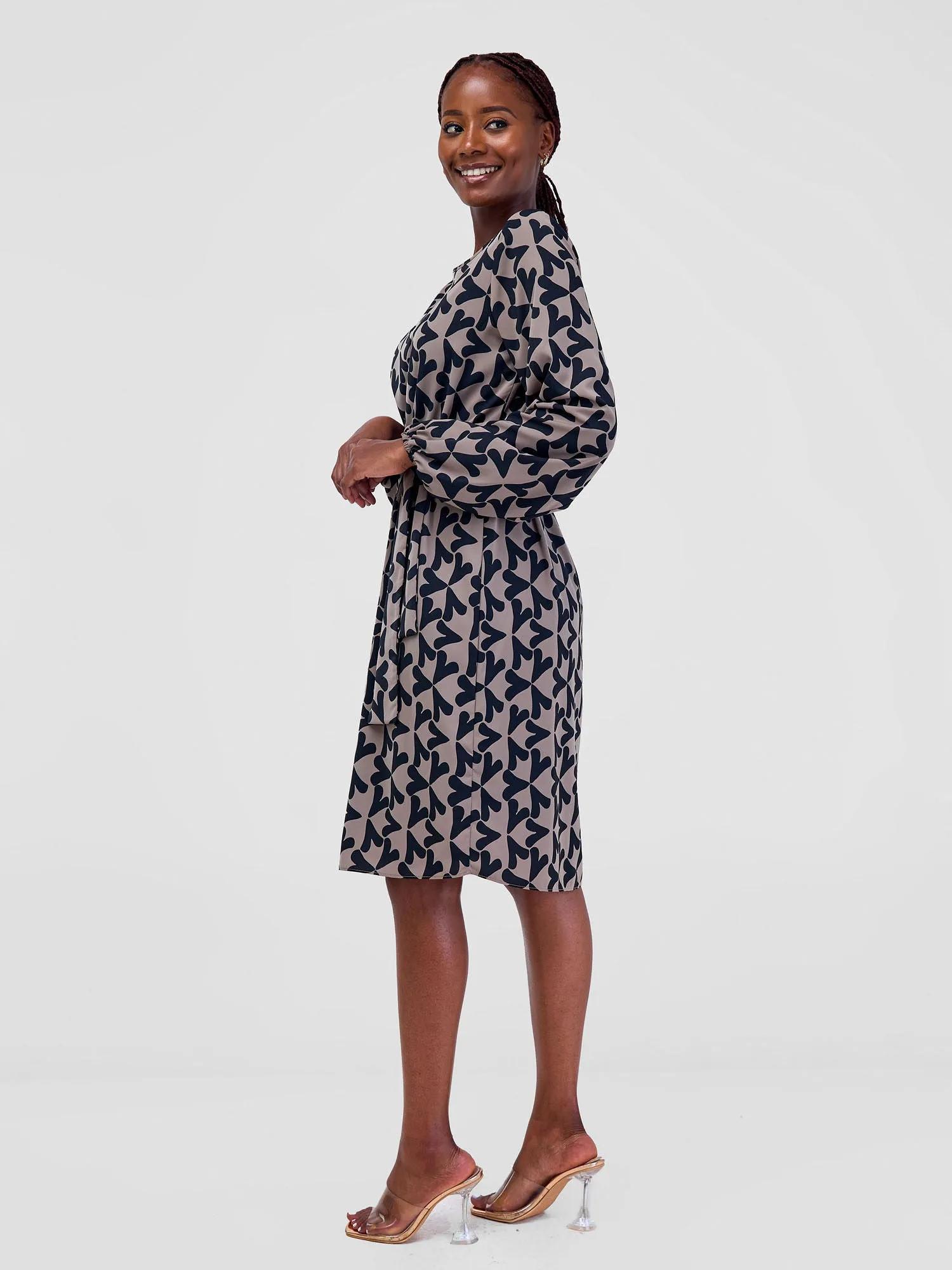 Vivo Zawadi Shift Dress - Taupe / Black Zawi Print